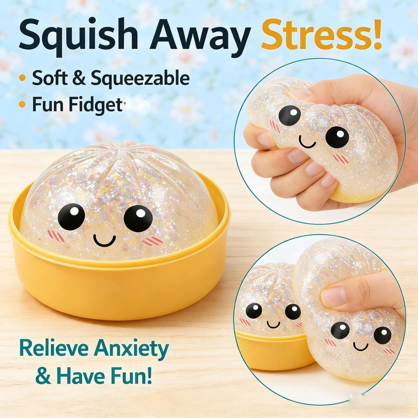 Dumpling Squishies, Glitter Dumpling, Glitter Dumplings Squishy with Box, Dumplings Sensory Squeeze Toy for Stress Relief Stretchy Desk Toys (White)