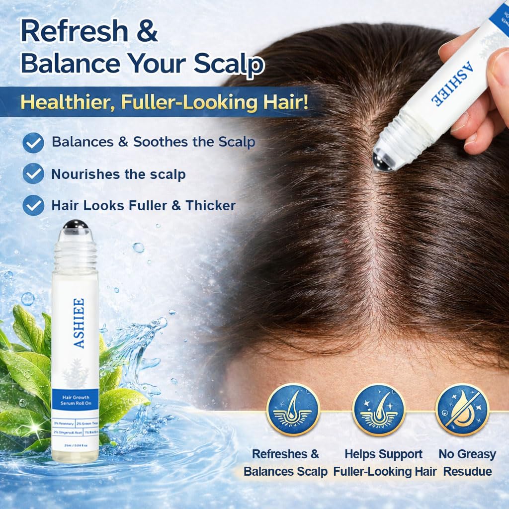 ASHIEE Hair Growth Roller On with Rosemary & Ginger–Precision Roll-On Hair Growth Serum for Thinning Hair, Edges & Crown–Vegan, Clean Formula for Men & Women–Boosts Fuller, Thicker-Looking Hair