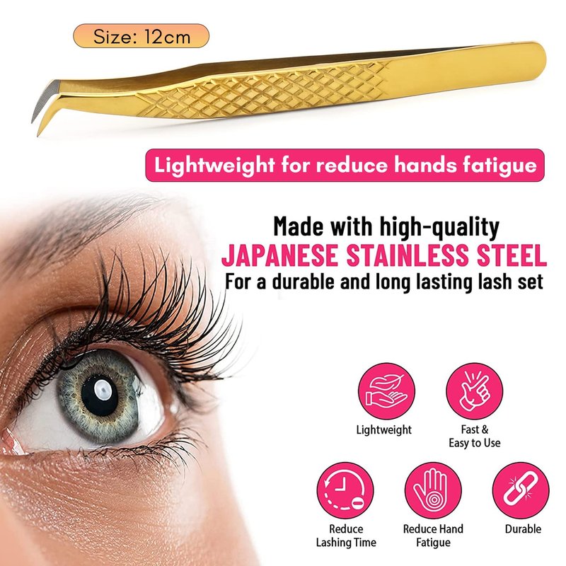 My Lash Tools Fiber Tip Lash Tweezers for Eyelash Extensions Professional Lash Tech Supplies Must Haves Volume Boot Eyelash Tweezers 12cm Stainless Steel Mink Fan Making Lashing Tweezer (Gold)