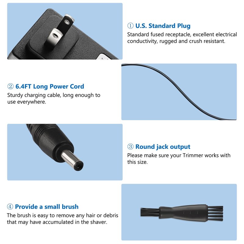 FNKTQL 4.2V Charger for Wahl Trimmer 9818 9818L 9888L 9916D 9918D Groomer Clipper 9854-600 9855 79600-2101 S004mu0400090, Replacement Wahl Shaver Trimmer Power Cord with Cleaning Brush