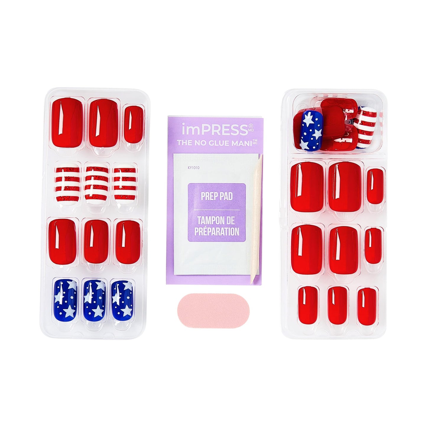 Kiss Impress No Glue Mani Press On Nails, Design, 'Stateside', Multicolor, Medium Size, Squoval Shape, Includes 30 Nails, Prep Pad, 1 Manicure Stick, 1 Mini File