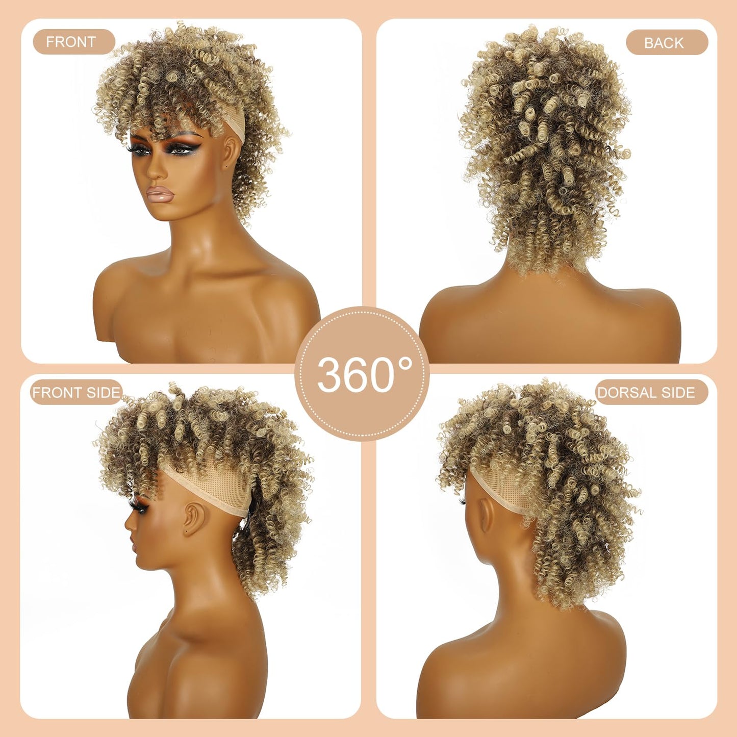 Jadeadyseg Mohawk Wig Kinky Curly Dark Brown Mix Blonde Ponytail Extension with Bangs,Short Curly Synthetic Clip in Mohawk Ponytail with Six Clips and Two Combs Fluffy Hair for Daily Party Use 4/613