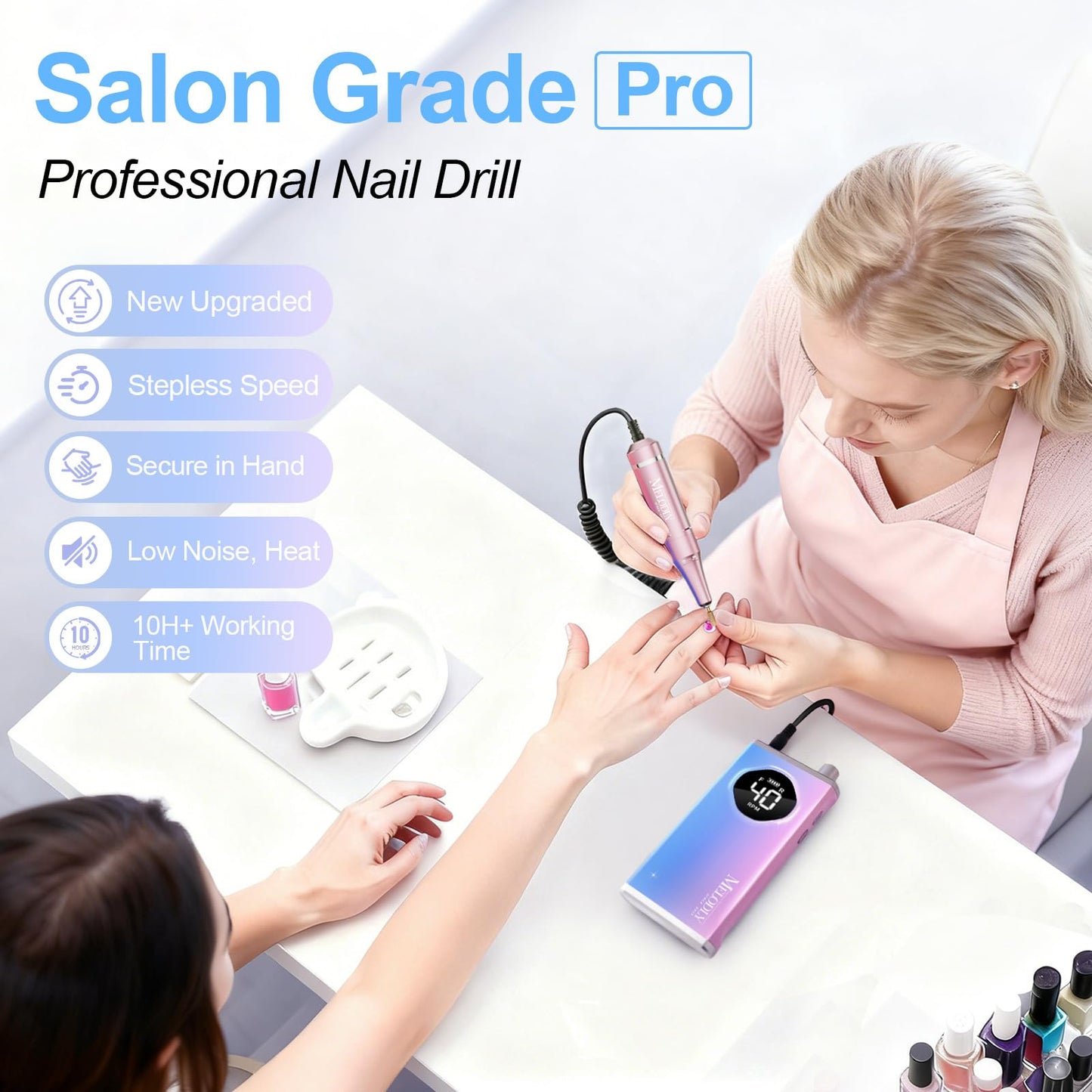 Electric Nail Drill File Professional 40000 RPM, Melodly Rechargeable Electric Nail File Machine Kit for Acrylic Gel Nails Polishing Removing, Portable Cordless Efile with Gold Bits at Salon Home