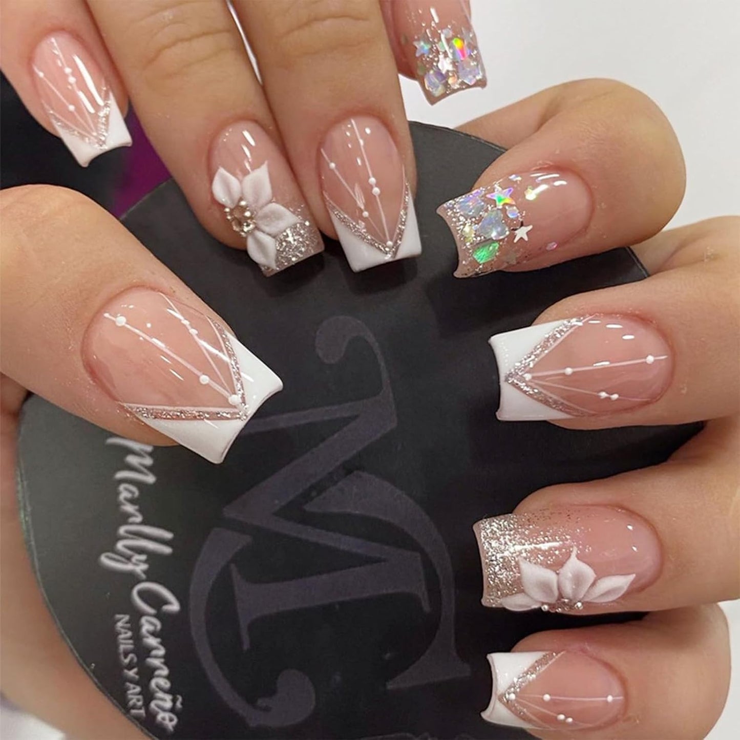 Short Square Press-On Nails - 24 Pcs French Tip with 3D Flower & Star Rhinestones | Full Cover Acrylic, Reusable