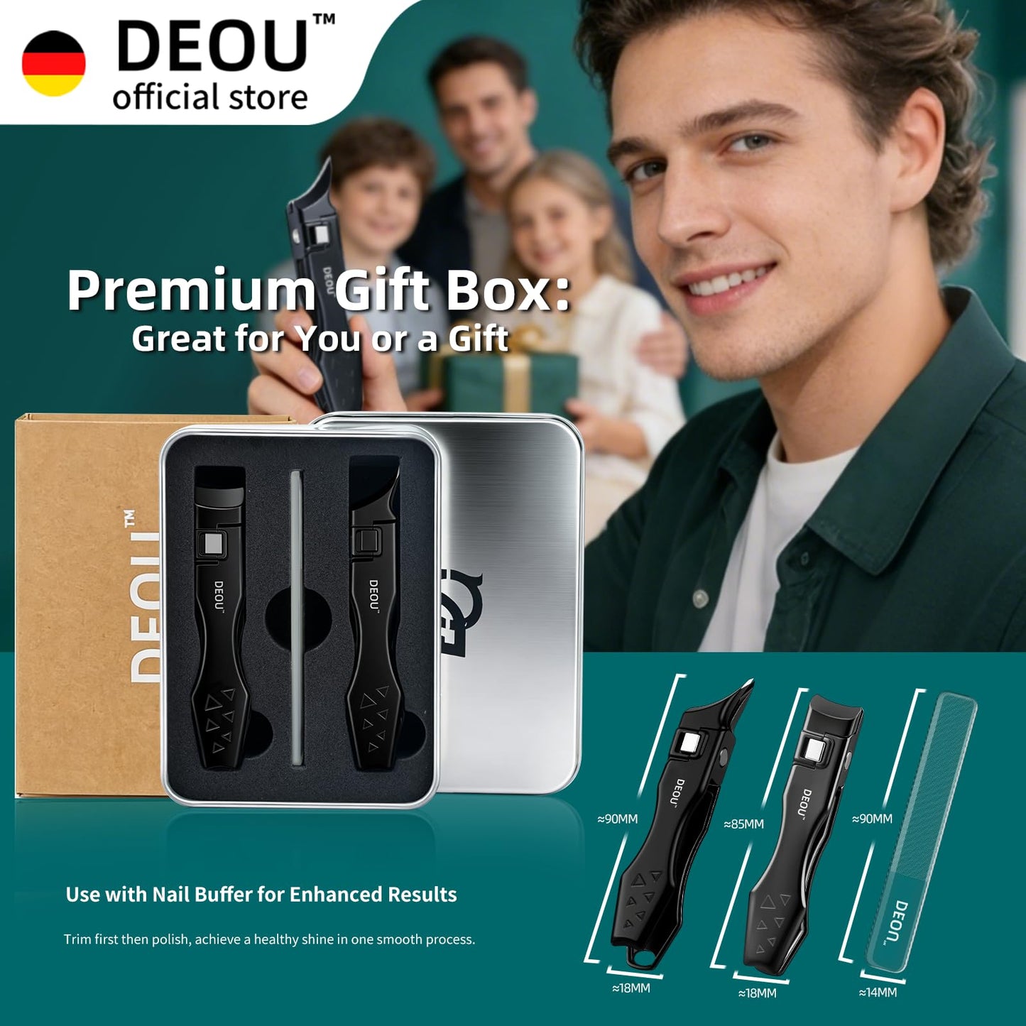 DEOU Nail Clippers Set, Stainless Steel Manicure Kit for Thick Hard Ingrown Nails, Anti-Splash with Nail File, Portable Keyhole Design, Gift Box for Home Travel (Black, Diagonal Cut + Straight Cut)
