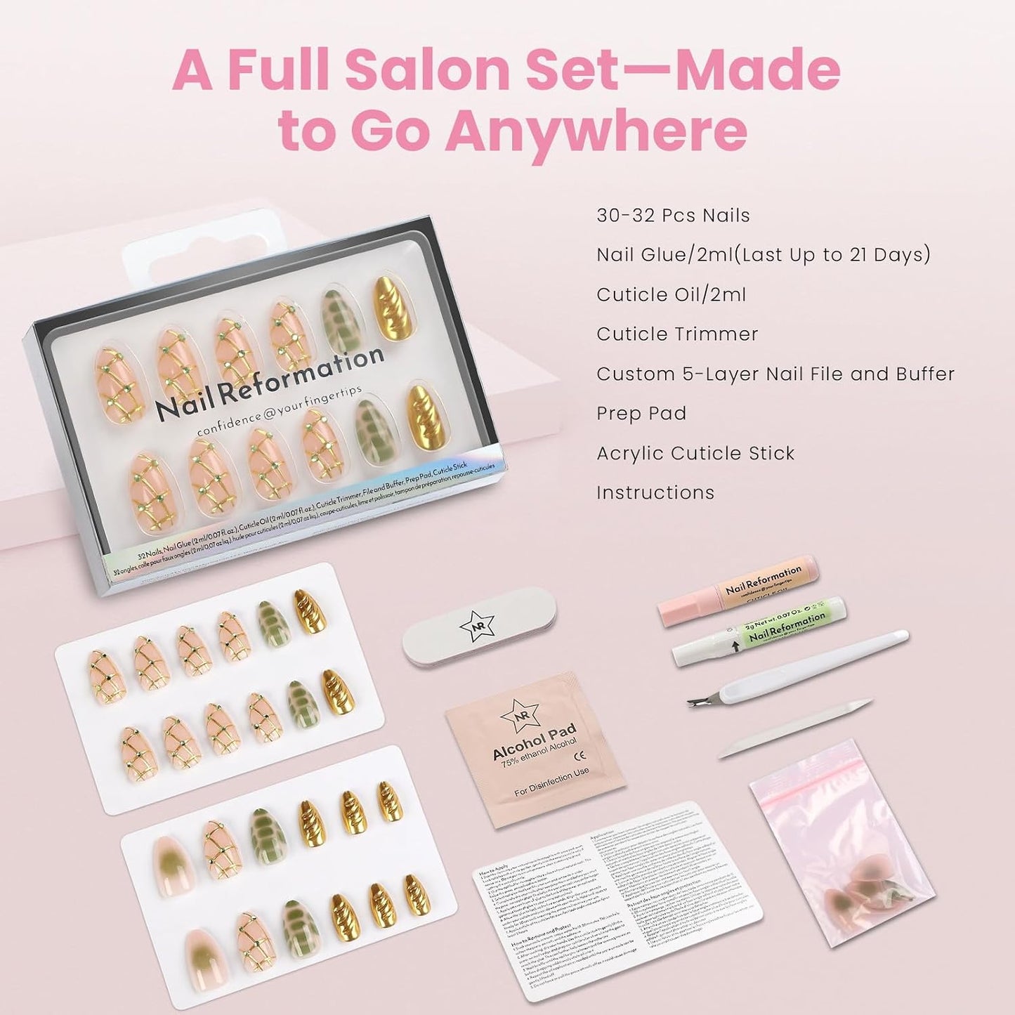 Press On Nails - Short Almond Fake Nails in Jade Green with Jewel Gold Accents | 32-Piece Reusable Nail Kit for Women