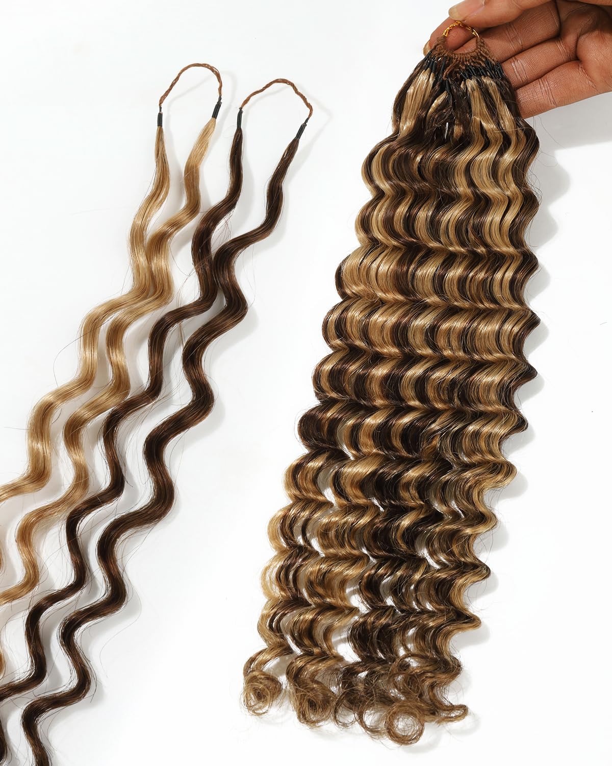 BEEOS Highlights Human Crochet Hair P4/27, Deep Wave Pre-Separated Miracle Knots Feather Crochet Hair for Women, Brown with Honey Blonde 16 Inch 40g