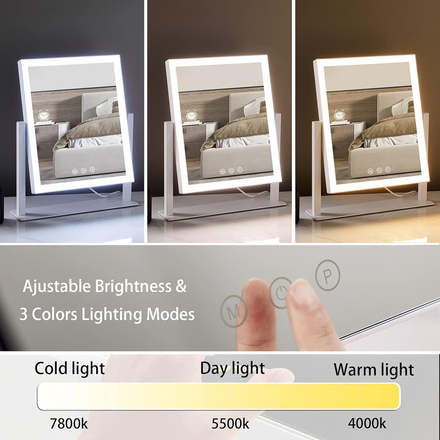 Lighted Makeup Mirror - 14.1" x 12.1" Hollywood Vanity Mirror with 3 Color Modes & 5X Magnification | Smart Touch Control, 360° Rotation (White)