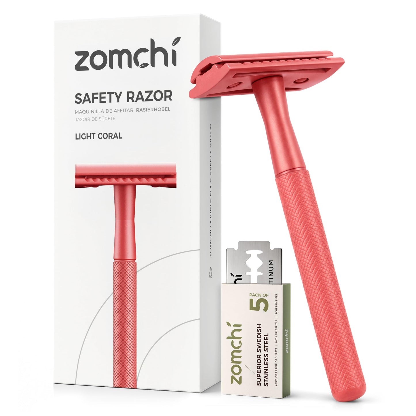 ZOMCHI Single Blade Double Edged Safety Razor with 5 Safety Razor Blades, Metal Razor for Men & Women, Single Blade Razor – Light Coral