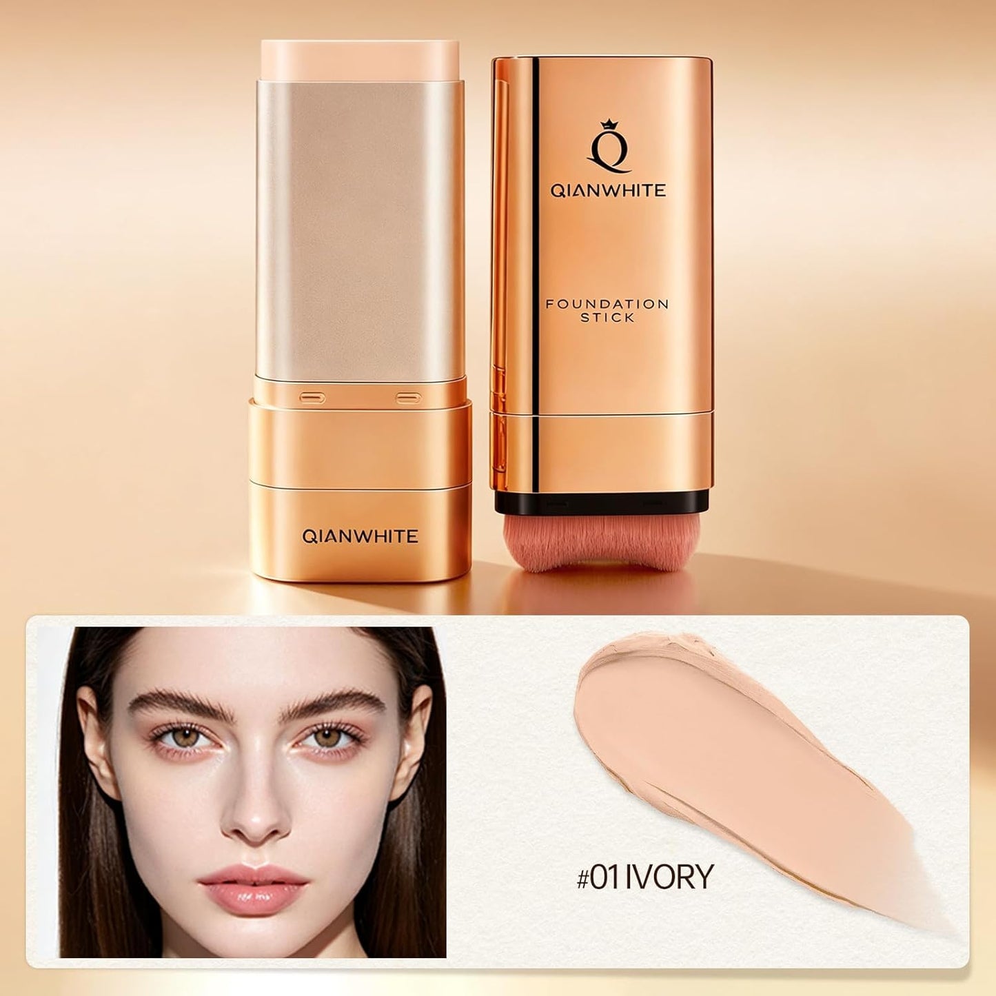 Korean Foundation Stick for Mature Skin - Buildable Light to Medium Coverage | Dual-Ended with Brush, Natural Dewy Finish (Ivory)