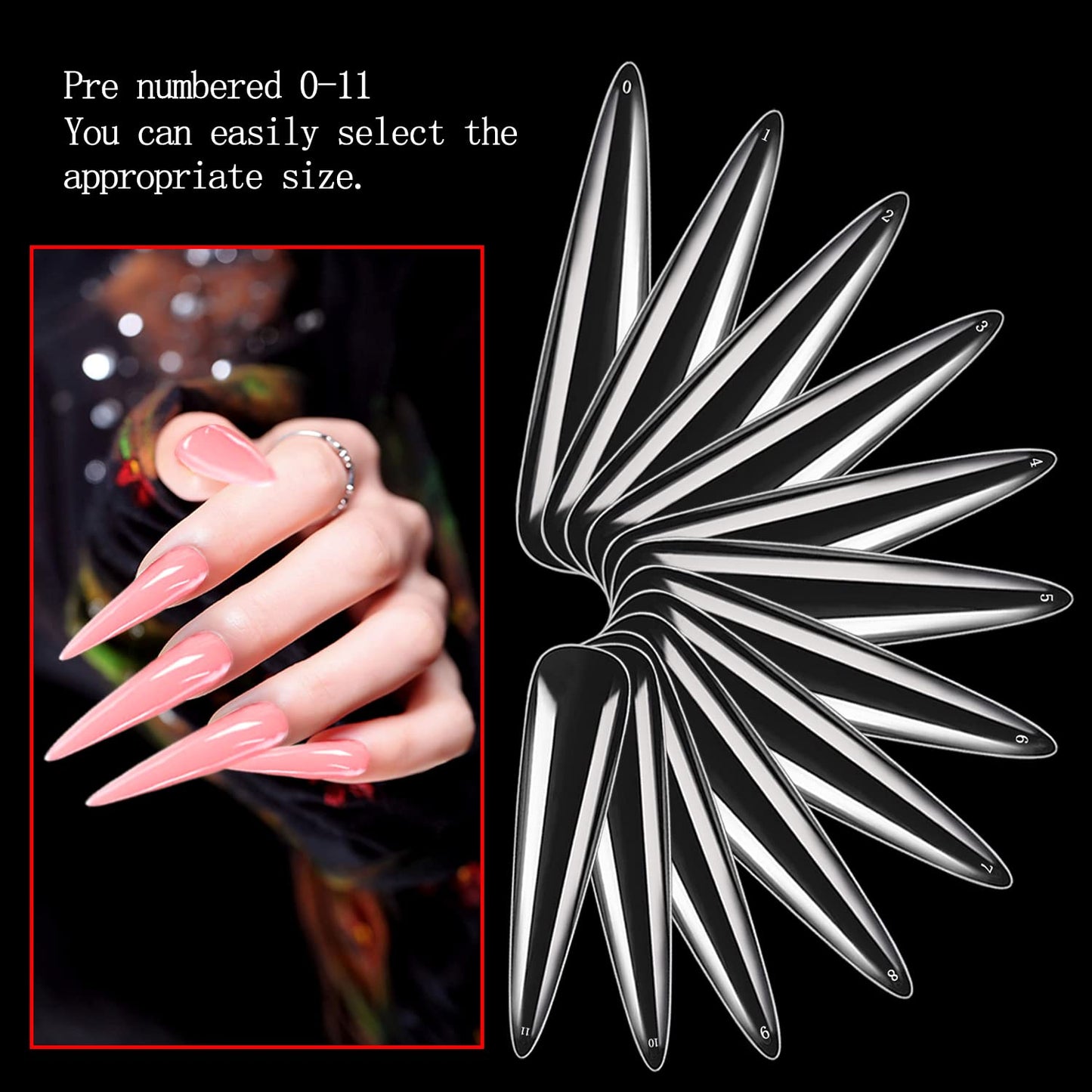 Stiletto Nail Tips - 600PCS XXXL Extra Long Full Cover for Acrylic Nails | 12 Sizes Clear Flattened Fake Nails