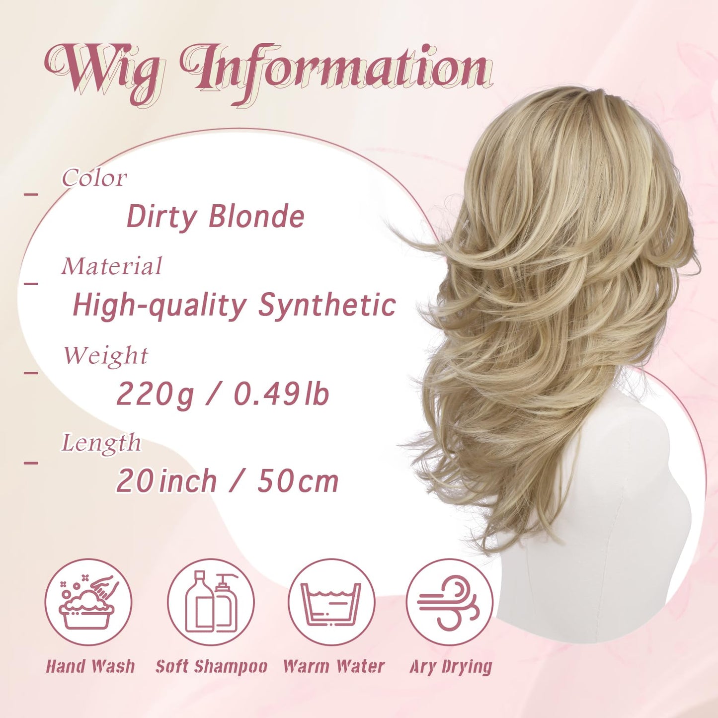 Haloo Blonde Layered Wigs with Curtain Bangs Lace Front Hairline Long Wavy Natural Looking Middle Part Synthetic Hair Wig for Women Daily Party Costume, 20 Inch Dirty Blonde