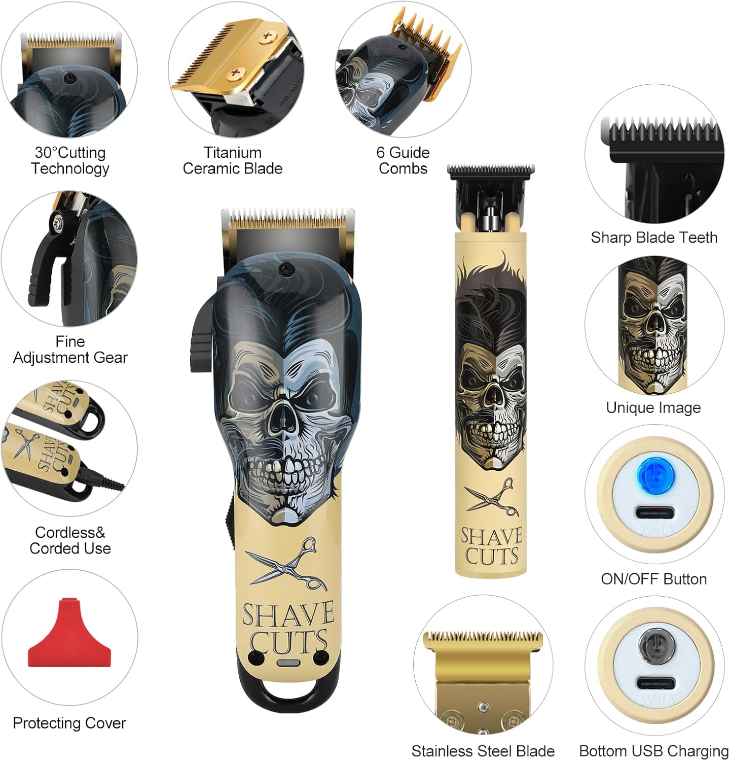 BESTBOMG® Hair Clippers - Cordless Ceramic T-Blade Haircut Set with 10 Guide Combs for Men