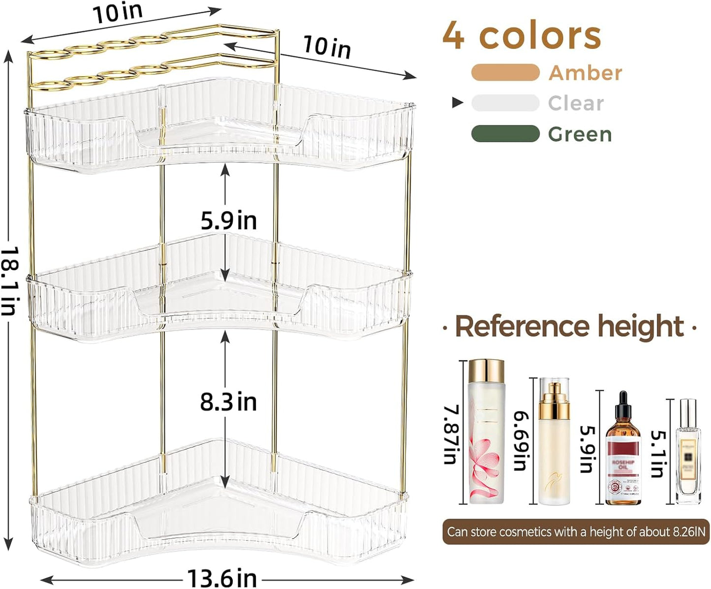 Corner Bathroom Counter Organizer - 3-Tier Makeup & Skincare Storage with Brush Holder | Clear