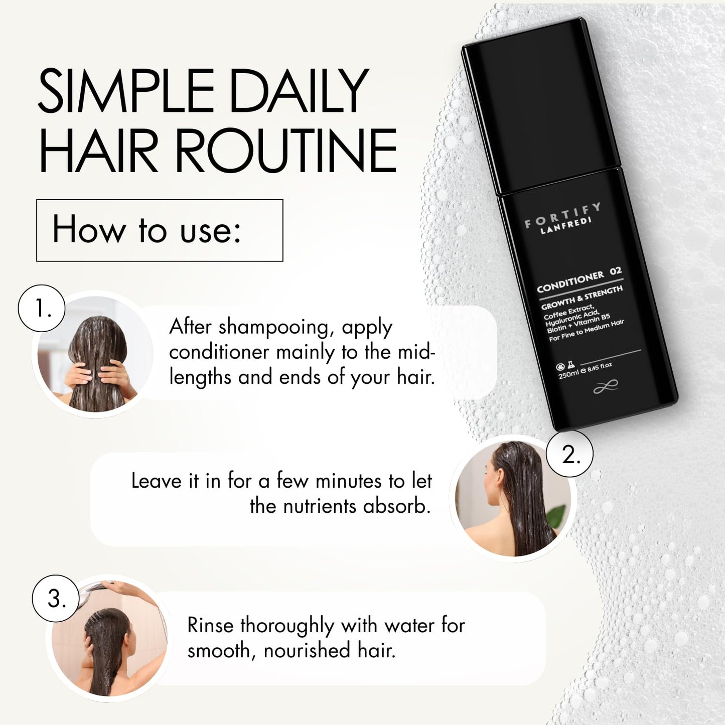 Lanfredi Fortify Conditioner for Fine to Medium Hair, Growth & Shine Support, Caffeine Infused, Strengthening, Smoothing, Moisturizing Conditioner, 250ml