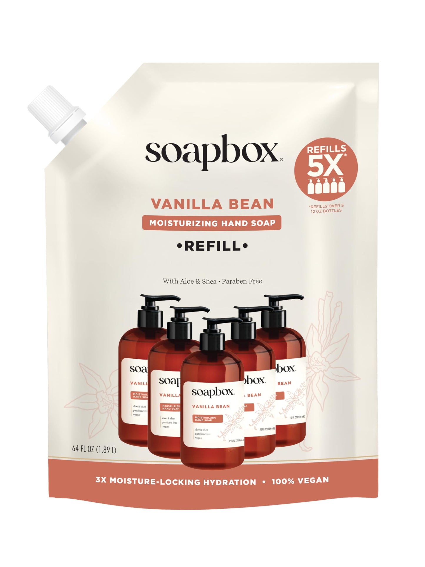 Soapbox Vanilla Bean Liquid Hand Soap Refill, Moisturizing Hand Wash - Gentle Cleanser for Hands - Clean Ingredients Free of Harsh Chemicals, Sulfates, Parabens & Silicones - 64 oz