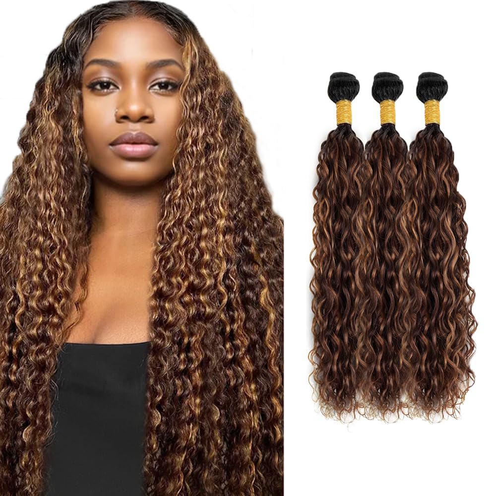 30 32 34 inch Highlight Bundles Ombre Brown Human Hair Bundles Dark Brown Water Wave Bundle 4/30 Water Wave Bundle 150g