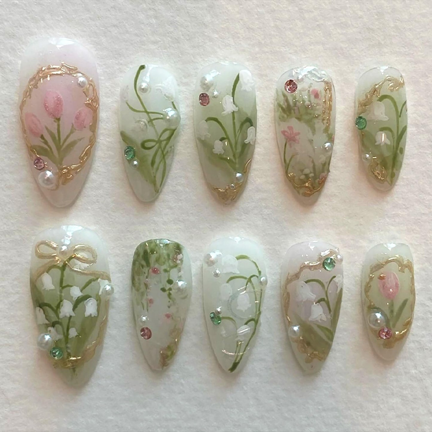 Blue Flower Press-On Nails - Medium Almond French Tip with Bow Design | Glossy Full Cover for DIY Manicure