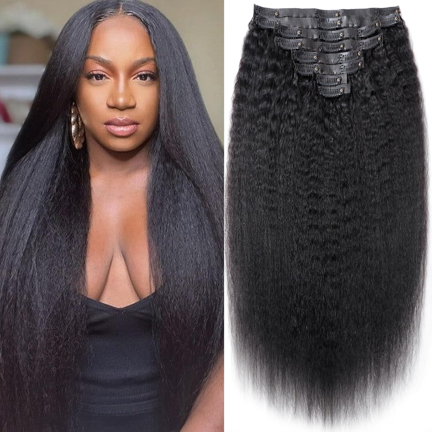 Mihugass Human Hair Clip In Extensions Seamless Kinky Straight Clip Ins Natural Blend Hair Extensions for Black Women Soft Full Lightweight Wear 26 Inch 8Pcs 120g