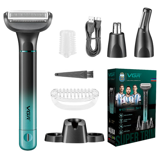 VGR 625 Body Hair Trimmer for Men,3-in-1 Versatile Electric Trimmer for Body/Eyebrow/Beard/Nose/Ear Hair,USB Rechargeable Mens Grooming Kits, IPX5 Waterproof Mens Shaver Portable Travel Set