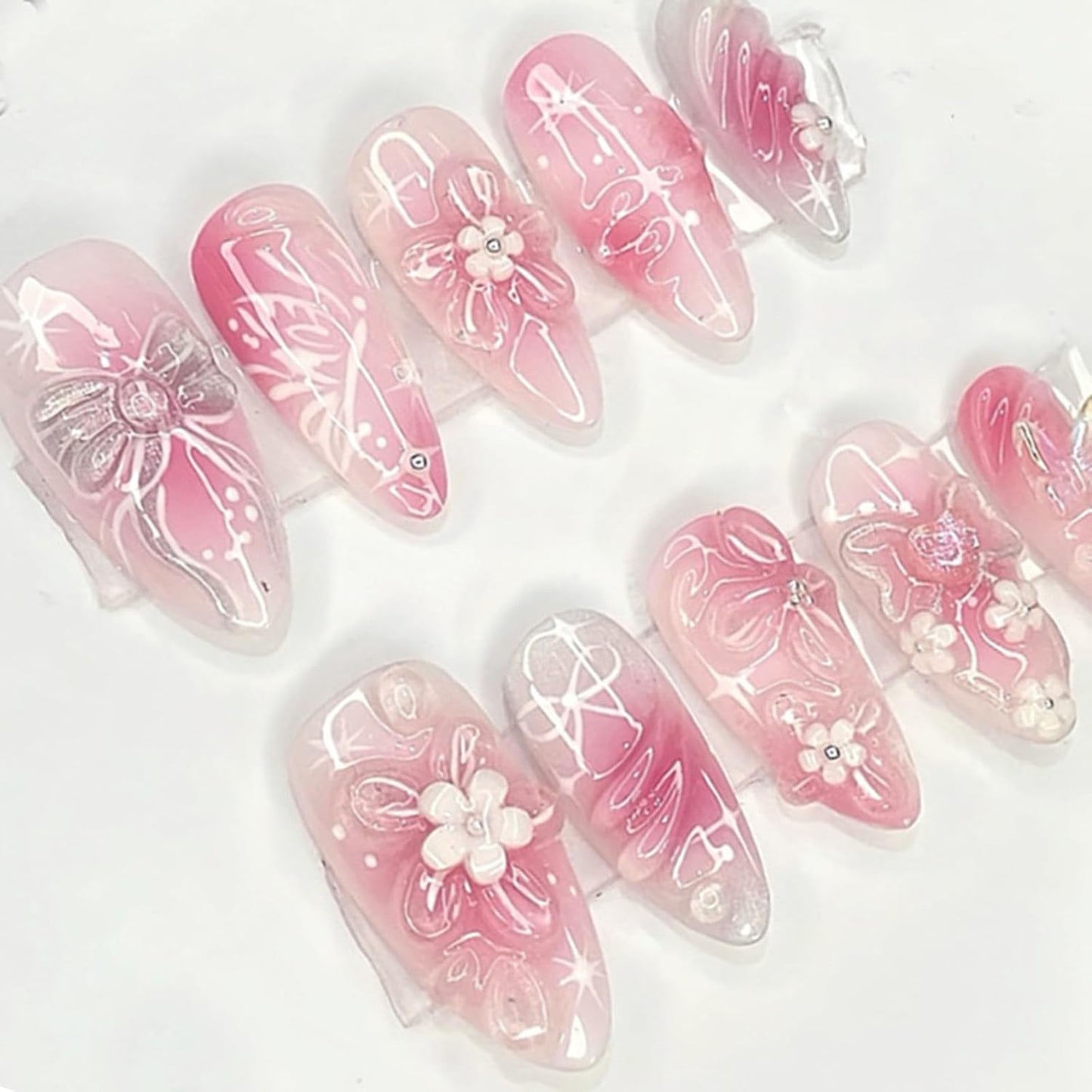 Medium Almond French Tip Press-On Nails - 3D Hibiscus & Gold Starfish Design | 24 Pcs Glossy Summer Acrylics