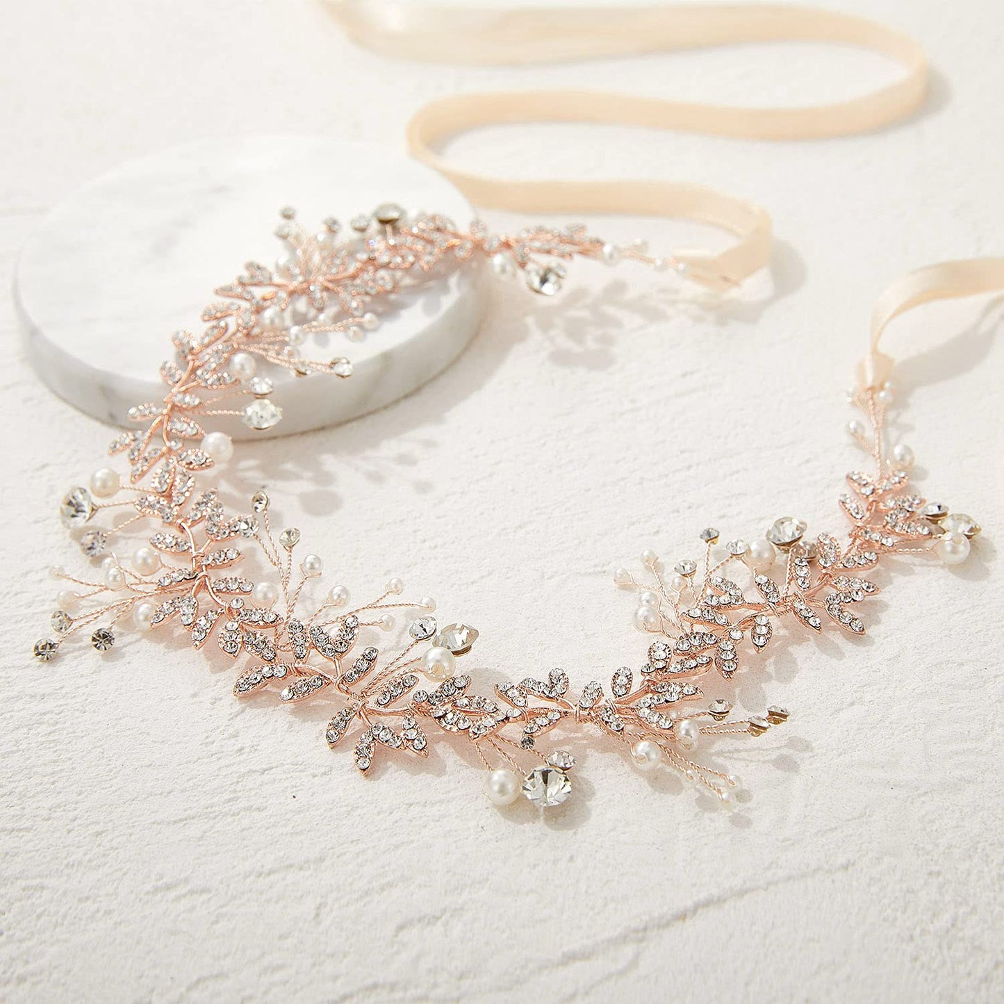 SWEETV Crystal Bridal Headpieces for Brides Rose Gold Wedding Hair Accessories Bride Headband Pearl Hair Vine Rhinestone Hair Pieces for Women