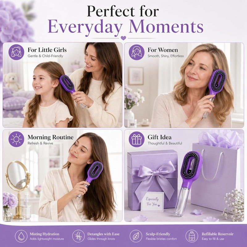 Misting Hair Brush - 2-in-1 Detangling Hairbrush with Spray & Refillable Reservoir | Anti-Frizz for Curly & Thick Hair (Purple)