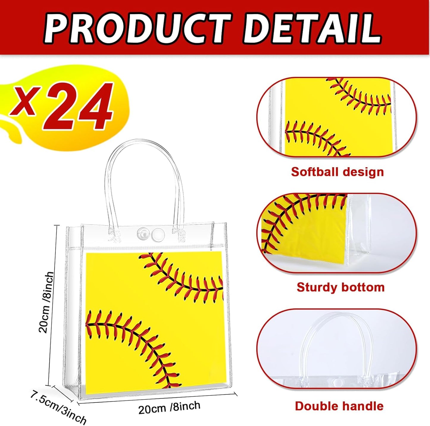 Softball Clear PVC Gift Bags - 24Pcs Sport Theme Goodie Treat Tote Bags | 8 x 8 x 3In for Boys Birthday Party & Baby Shower Decor