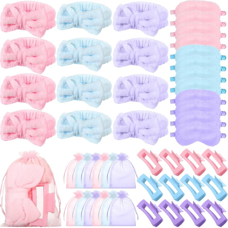 Spa Party Supplies - 48 Pcs Sleepover Essentials with Plush Eye Mask & Headband | Pink, Blue, Purple