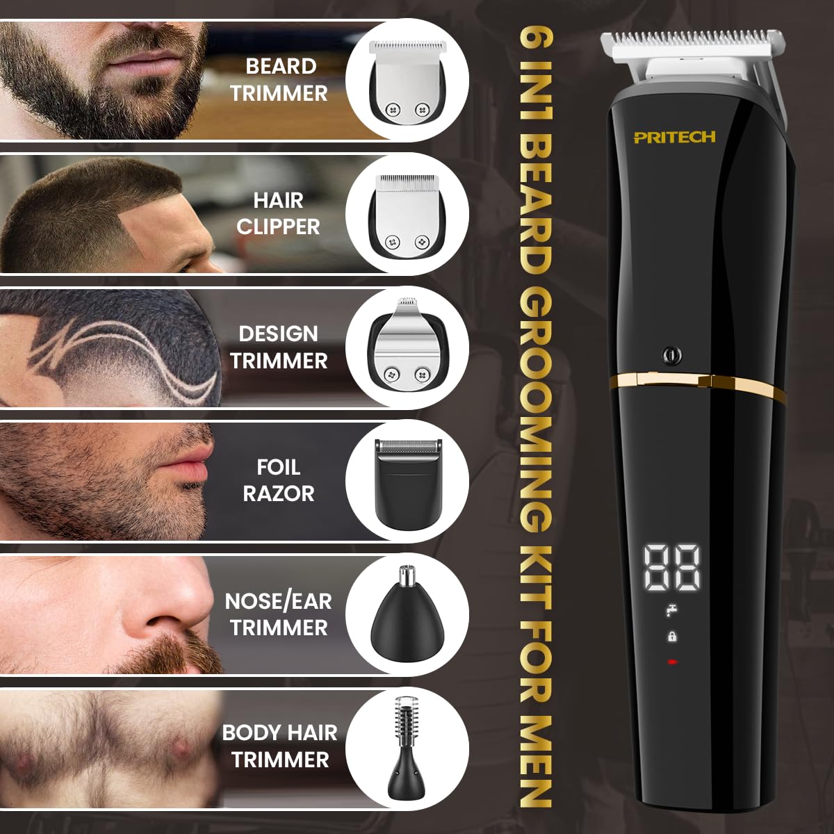 PRITECH Beard Trimmer for Men, 6 in 1 Hair Trimmer Kit, Electric Beard Trimmer with Hair, Precision, Body, Nose, Foil Razor, Grooming Kit Waterproof IPX6 (White)
