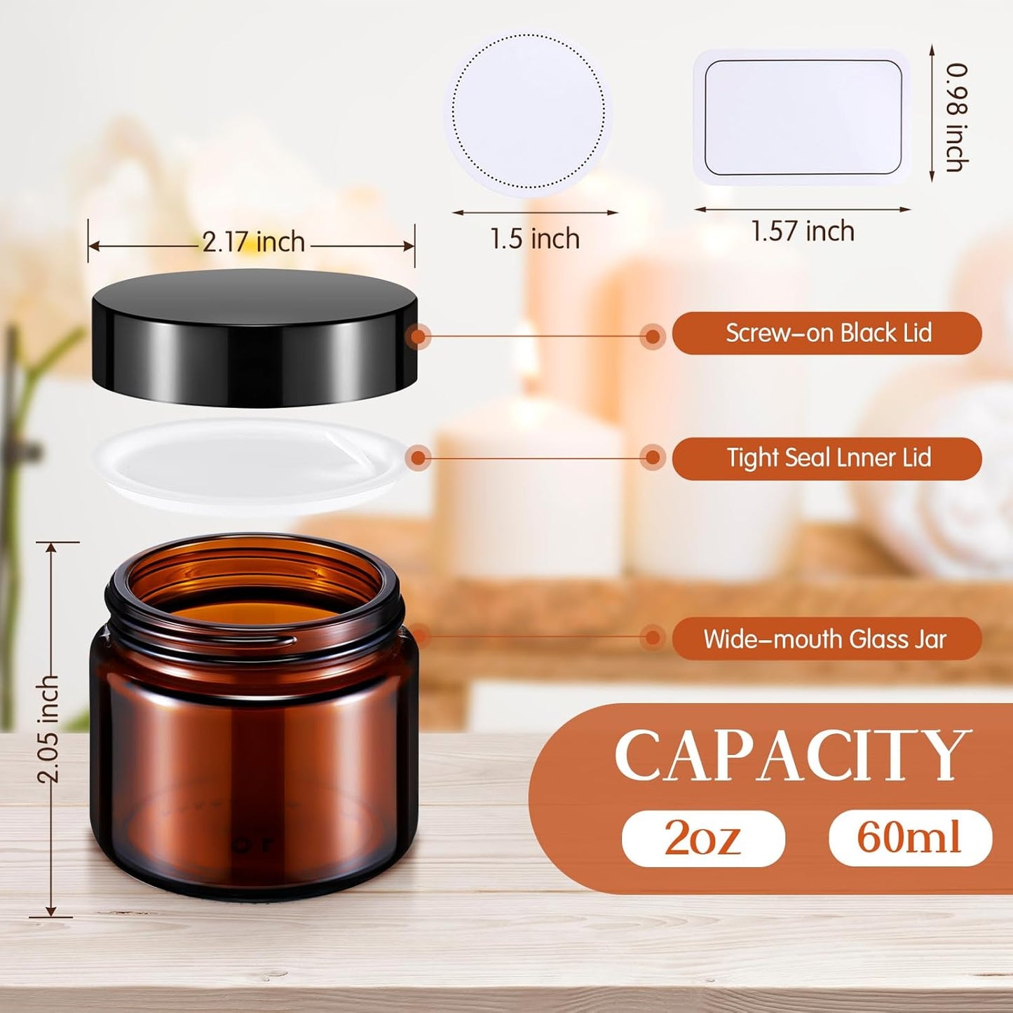 Layhit 60pcs 2 oz Glass Jars - Small Travel Storage Containers for Lotions & Creams | Amber with Black Lids