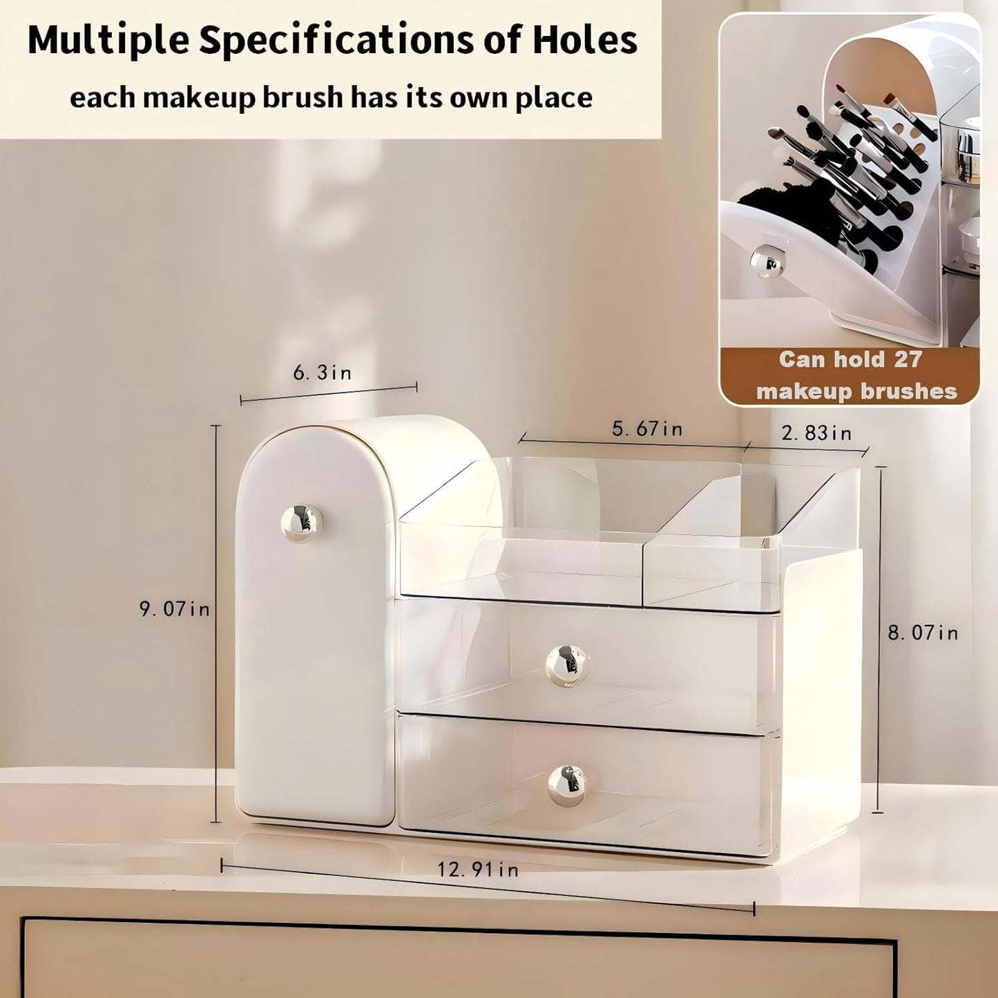 Makeup Organizer for Vanity - Large White Storage with Covered Brush Holder & Drawer | Bathroom & Skin Care Organizer