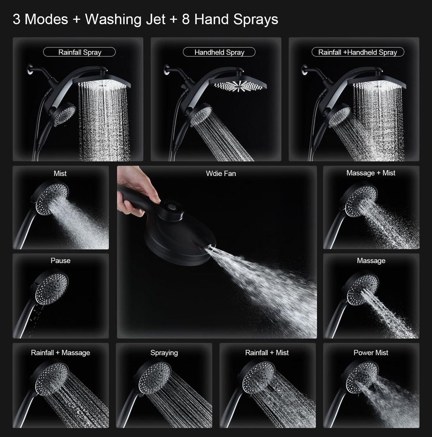 Rain Shower Head with Handheld - High Pressure 12" Rainfall & 9 Spray Options | Magnetic Docking, Black