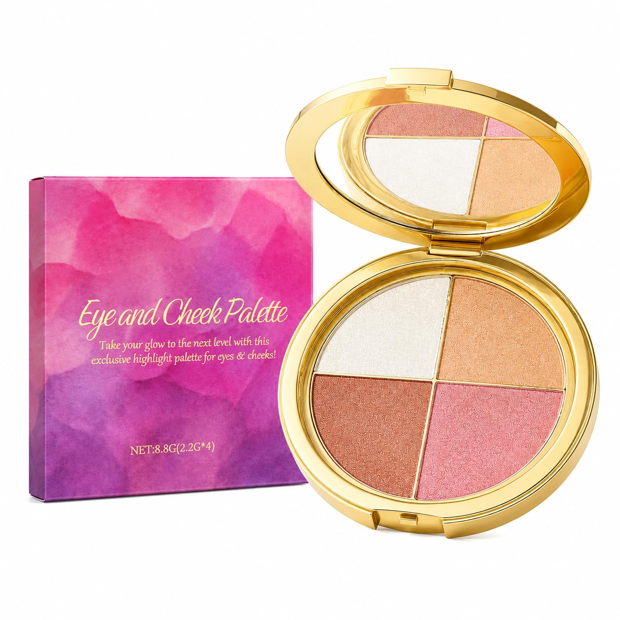 4-in-1 Makeup Palette for Eyes and Face, Blendable Matte & Shimmer Shades with Blush, Highlighter and Soft Contour, Natural Glow Finish, Compact Travel Beauty Kit for Everyday Makeup