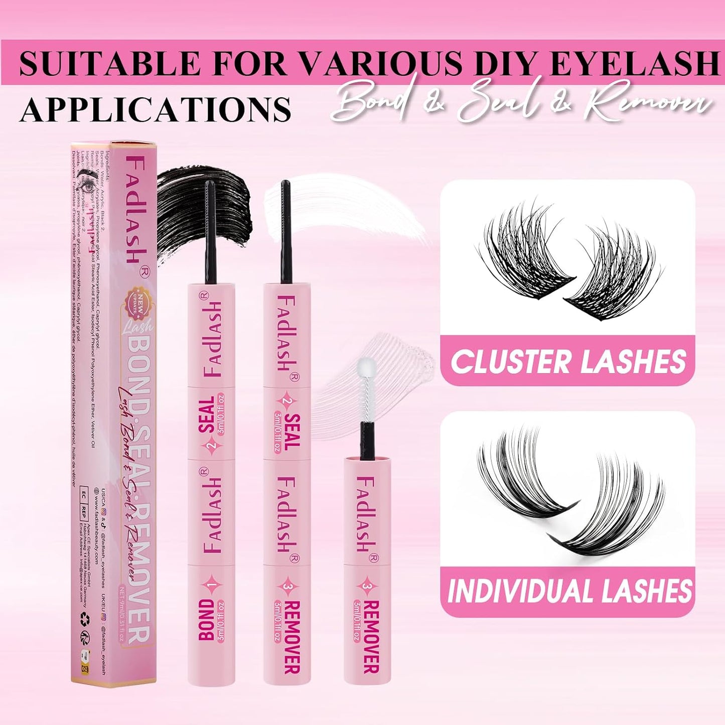 FADLASH 3 in 1 Lash Bond & Seal Remover Set - Gentle Formula for Cluster Lashes | 72-Hour Hold