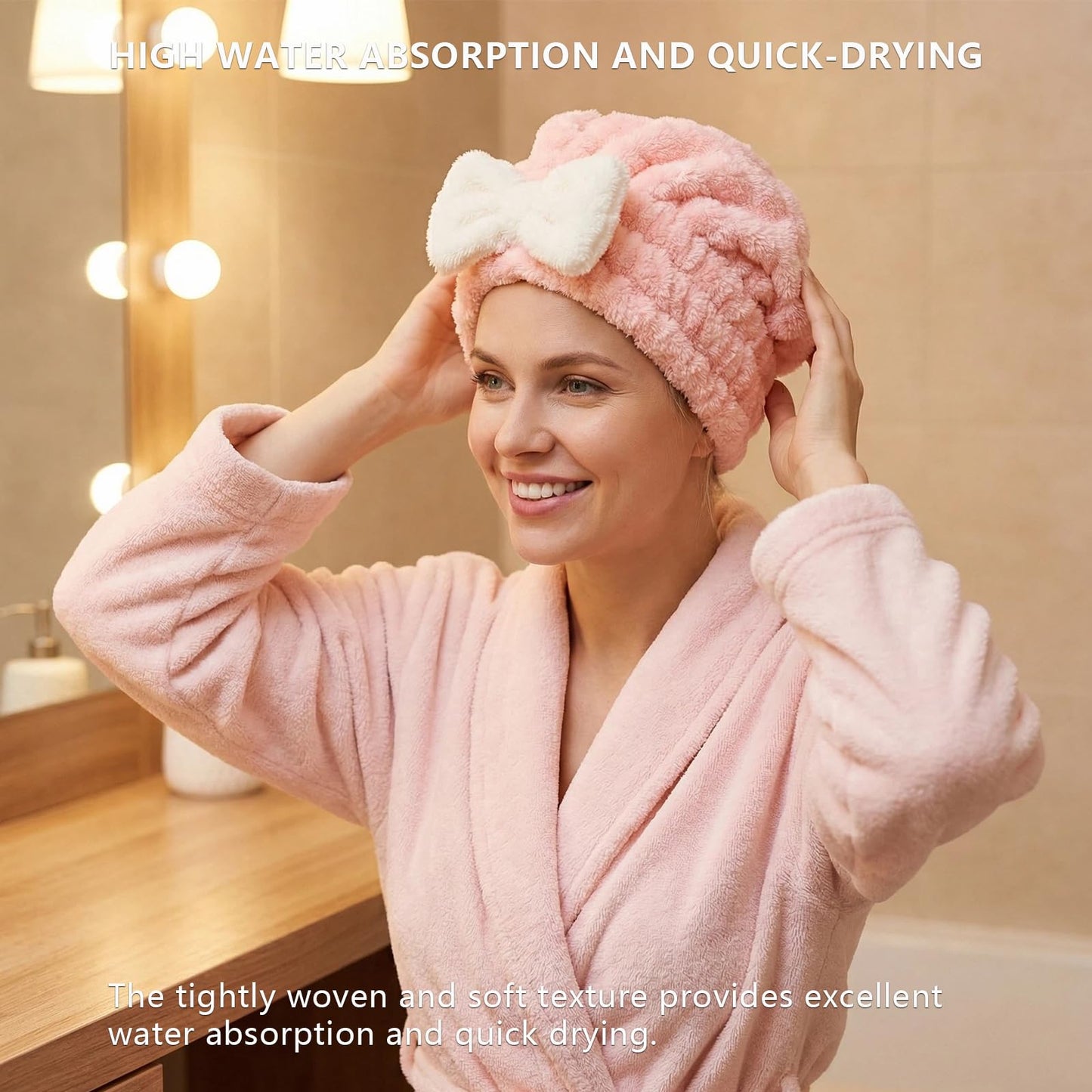 AZSRKRBM 4-Pack Microfiber Hair Towel Cap for Short/Medium Hair, No Twist, No Tug, Soft Absorbent Drying Hat with Bow for Women - Great for Skincare, Makeup, Shower