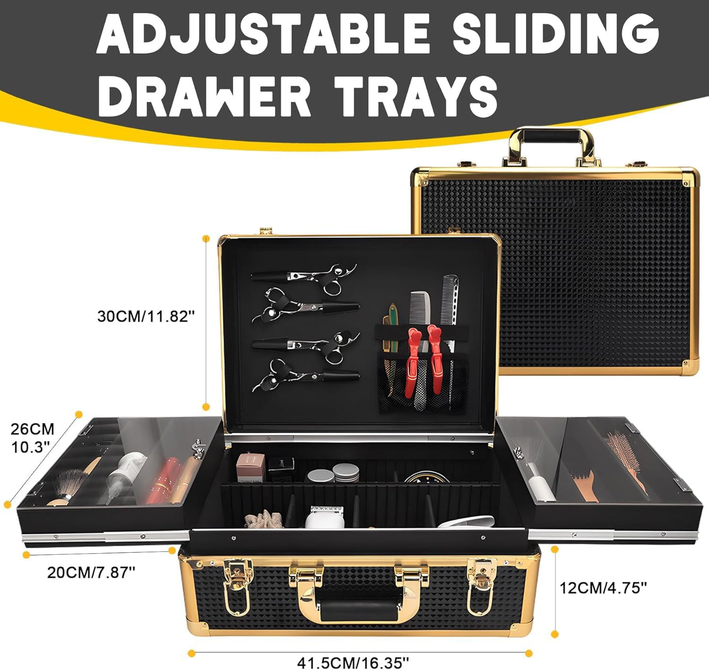 QIPOKAN 3-Layer Large Barber Travel Case with 6 Electric Clipper Slots and Transparent Acrylic Sliding Tray, Professional Barber Case,Suitable for Beauty Hair Stylist Salon Makeup Artist (Gold)