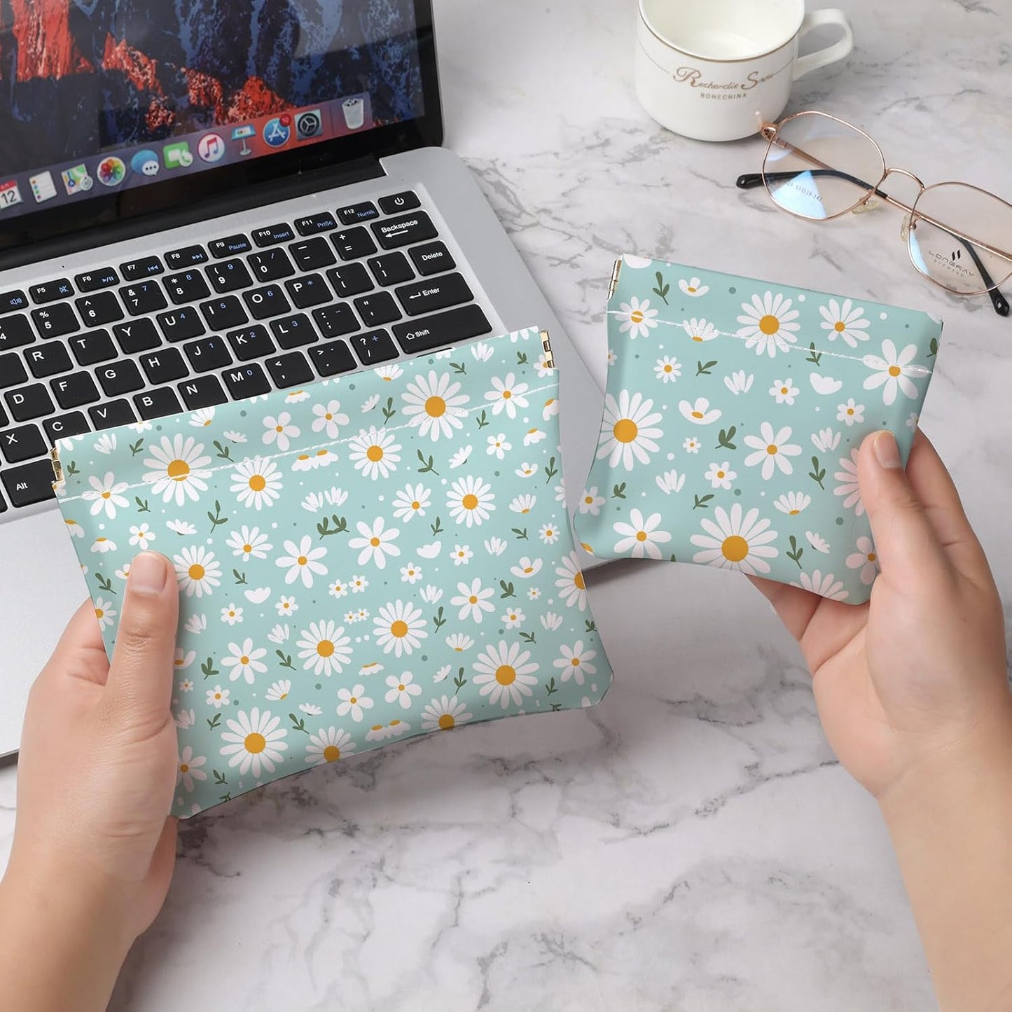 Small Makeup Bag Set - 2 PCS PU Leather Cosmetic Organizer | Portable Self-Closing Pouch for Travel - White Flower Design