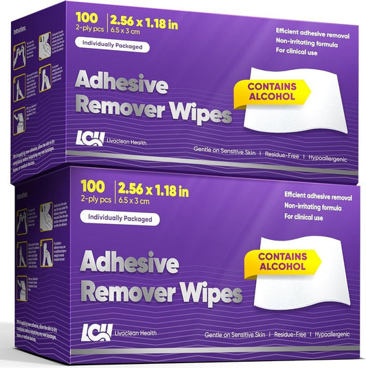 200 CT (2 Pack) Adhesive Remover Wipes – Sting-Free Skin Adhesive Remover for Sensitive Skin – 2 Ply 2.56x1.18in (6.5x3cm) – Medical Adhesive Remover for Bandage, Tape, Dressings, and Ostomy Residue