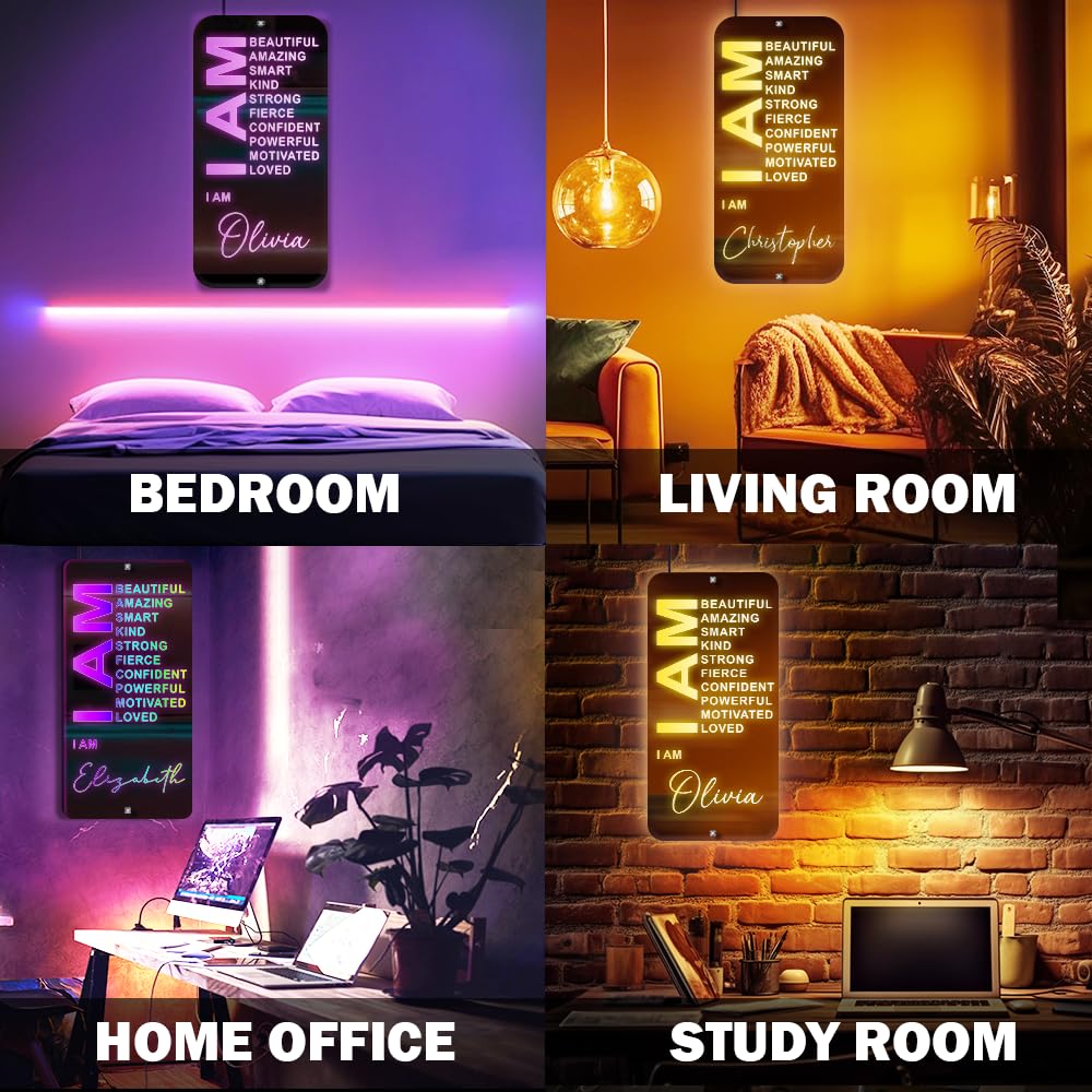 ONPRINTS Personalized Affirmation Mirror LED Light - I Am Mirror - Light Up Sign for Wall RGB Light - Personalized Name Sign for Bedroom Living Room