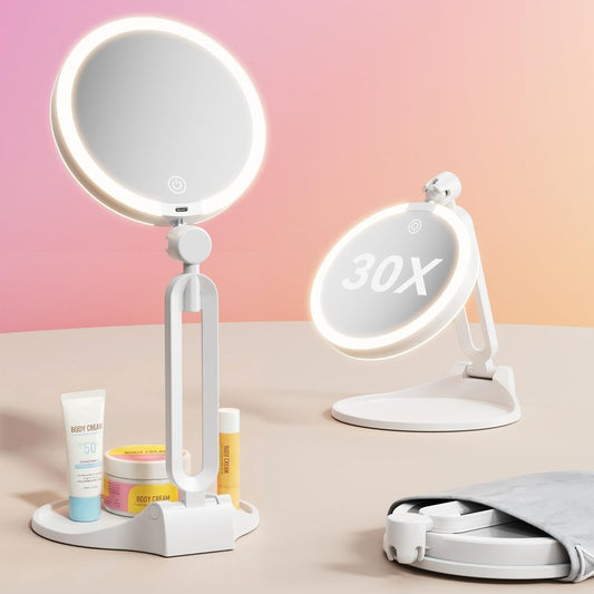 eeuuty Travel Makeup Mirror with Lights 2026 New, 1X/30X Magnification Double Sided Lighted Mirror, 3 Color Lighting & Stepless Dimming, 2000mAh Foldable Portable Mirror for Desk & Travel