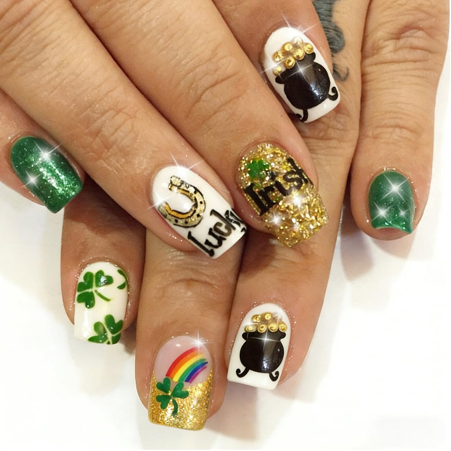 Press-On Nails - 30Pcs Short Almond Green Glitter St. Patrick's Day Designs | Irish Shamrocks & Lucky Clover