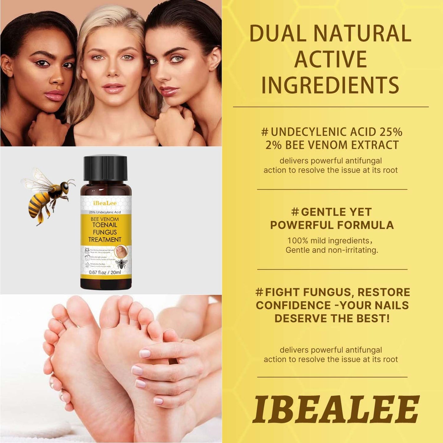 Bee Venom Antifungal Solution Extra Strength - Targets Fungal Concerns on Toenails & Fingernails, Helps Restore Yellow & Ingrown Nails, Foot Care Essentials