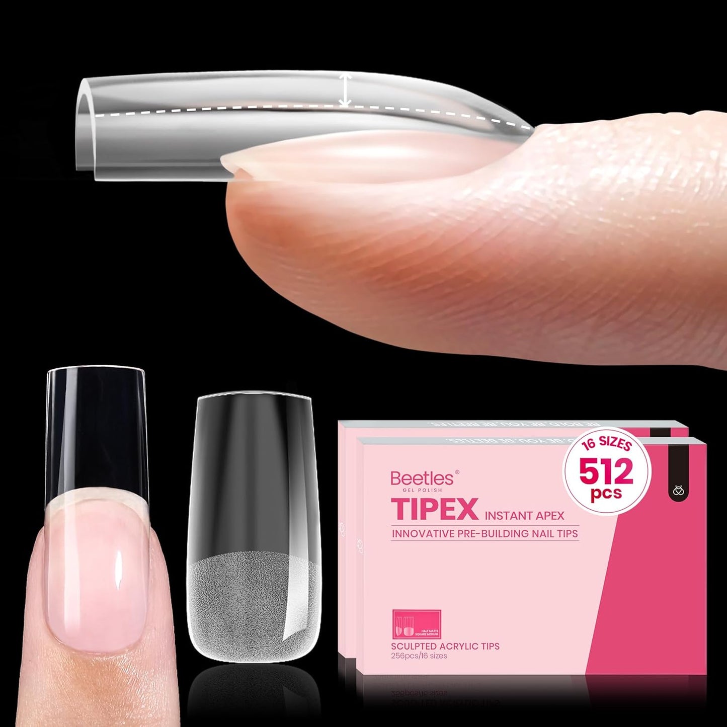 Beetles Instant Apex Nail Tips - Medium Square, 16 Sizes 00-14, 512pcs | Thicker Strong Acrylic for DIY Salon Extensions