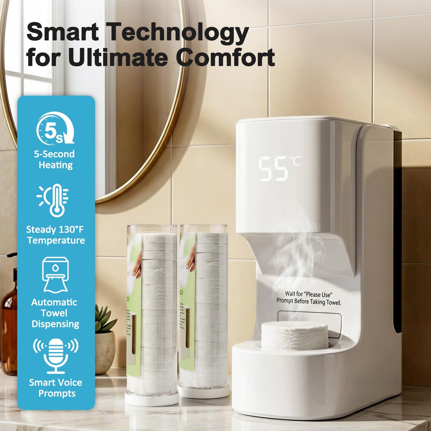 Hot Towel Warmer for Face, 5s Fast Heating Towel Dispenser with 55°C/131°F Display, Auto Moistening, One-Touch Release & Voice Alerts, 20 Compressed Towels for Skincare, Shaving Prep, White