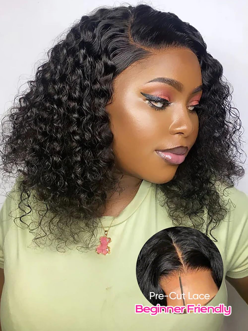 BLY Water Wave Bob Wig Human Hair 7x5 C Part Transparent Lace Wear and Go Glueless Wig Pre Cut Pre Bleached Knots 180% Density Short Wig for Women Natural Black 14 Inch