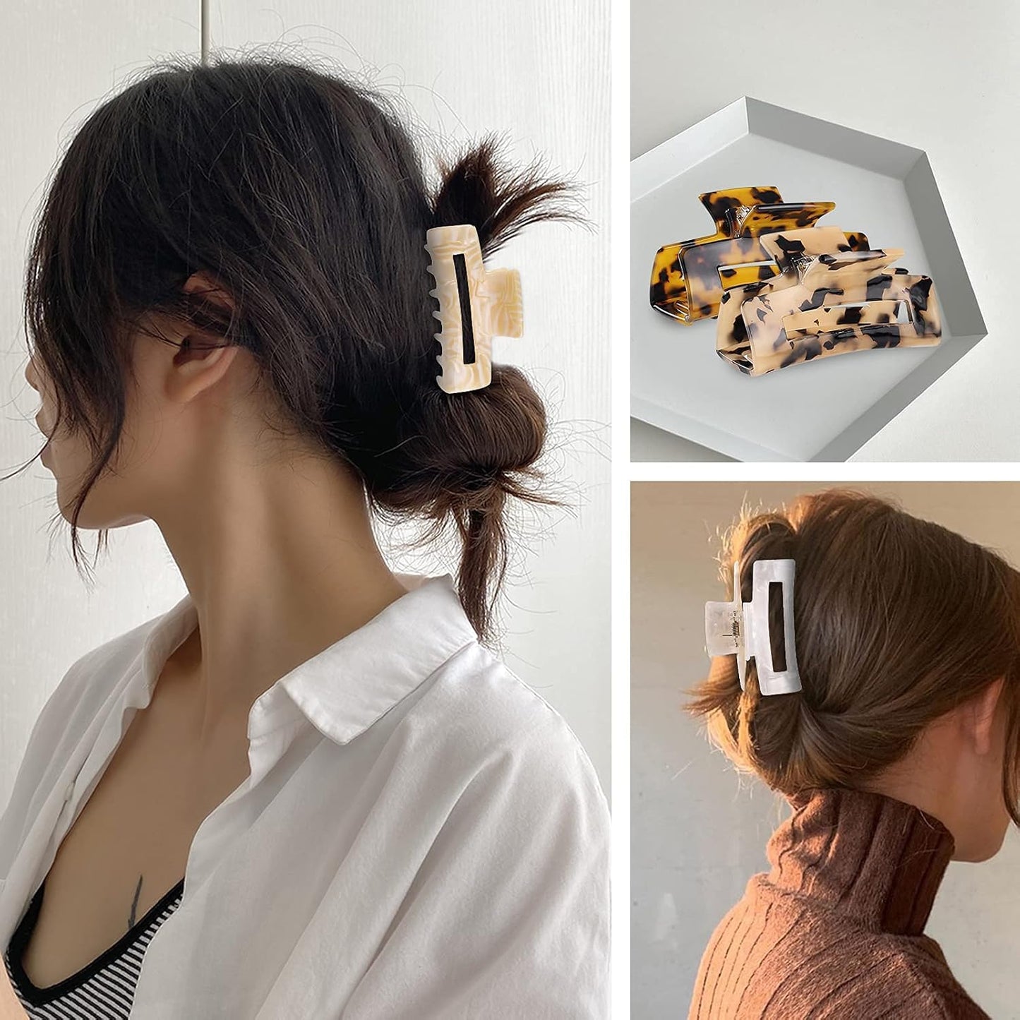 Hair Claw Clips - 8 Pack Tortoise Rectangle Barrettes | 3-Inch Fashion Clips for Women