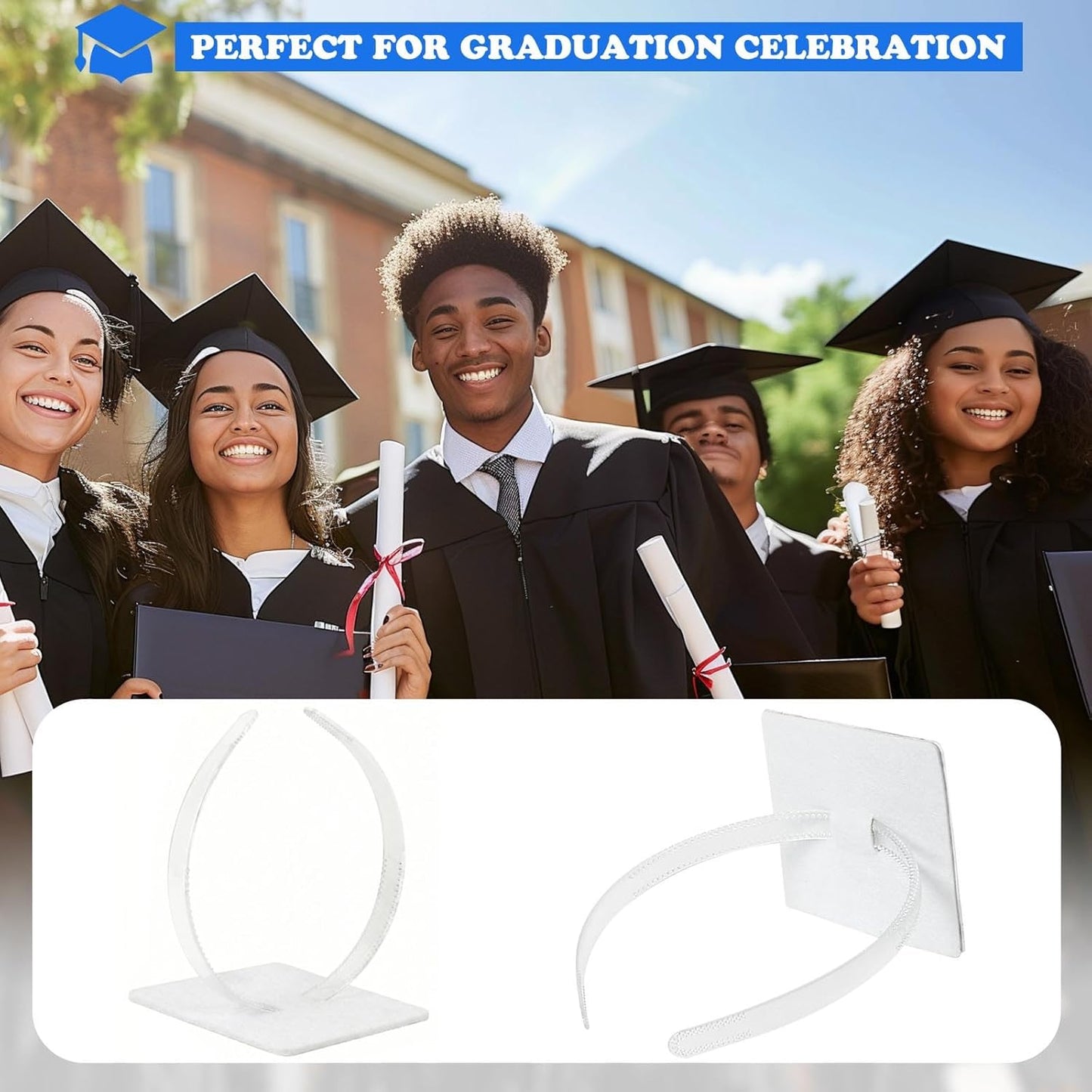 Graduation Cap Headband - 2 Pack Secure Grad Cap Insert with Hook & Loop | Clear Accessory for Students