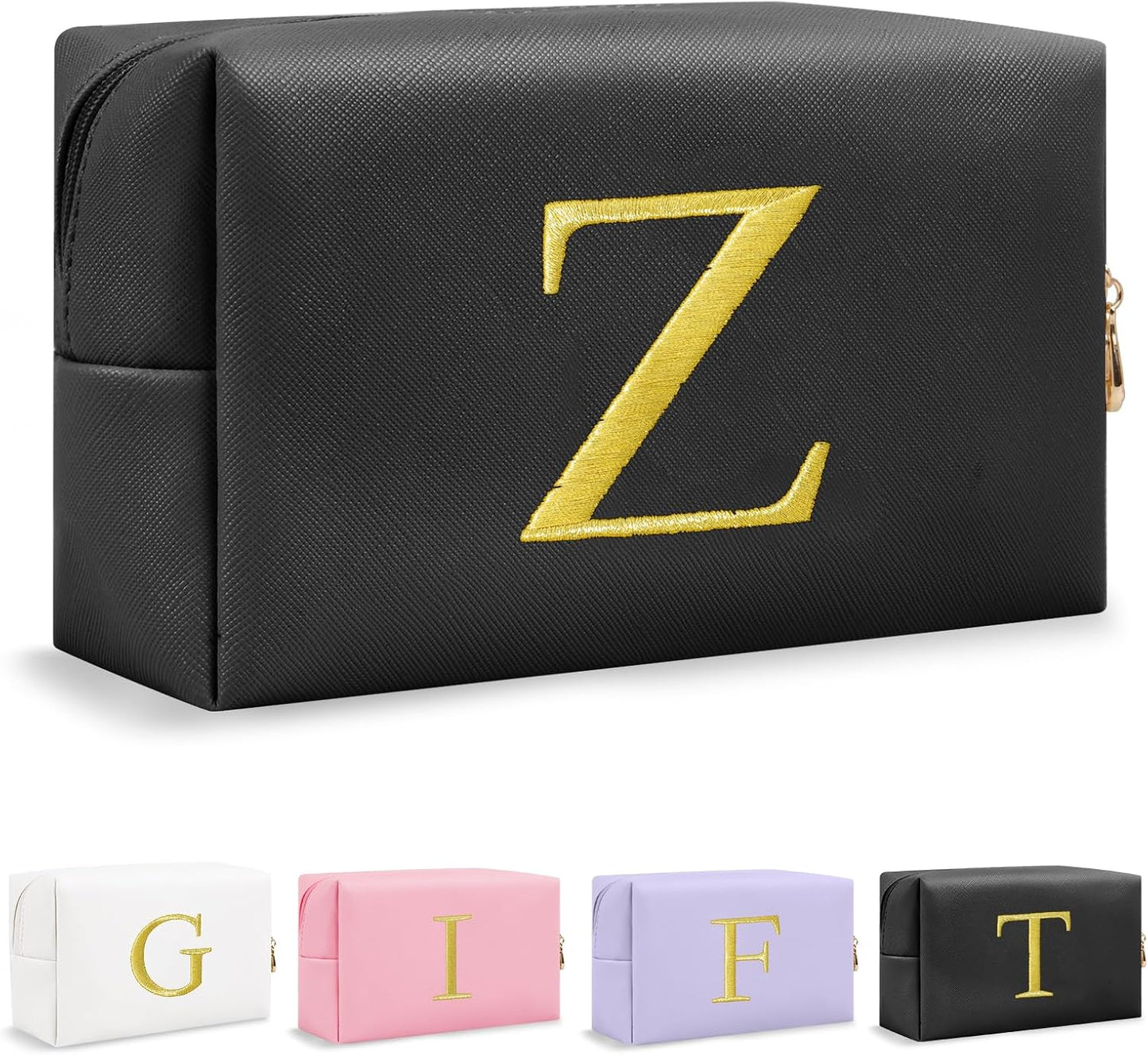 Personalized Initial Makeup Bag - Gold Embroidered Cosmetic Bag for Teens | Custom Travel Toiletry Bag (Black)