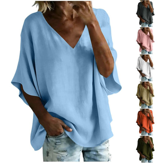 Summer Tops for Women Cotton Linen Petal Short Sleeve Blouse Loose Fit V Neck Casual Flowy Shirt Beach Vacation Tees